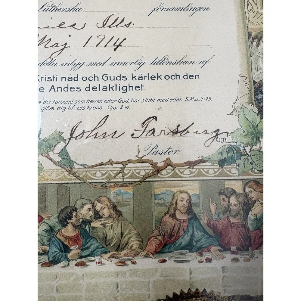 Antique 1914 Swedish Lutheran‎ Confirmation Certificate Framed Konfirmations